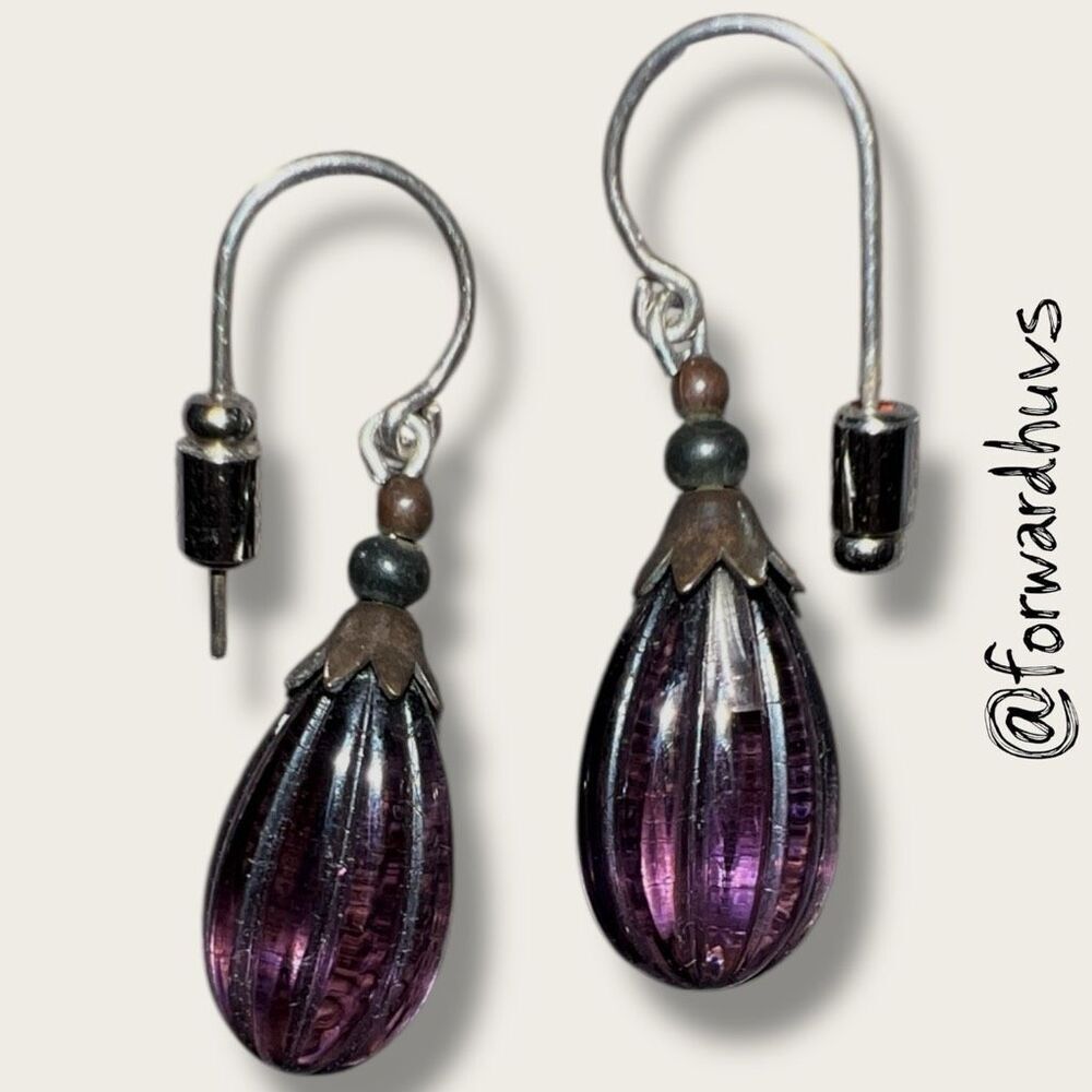 EtchedโGlass Dangle Earrings โ Purple Ridged Teardrop โ Unique Stoppers